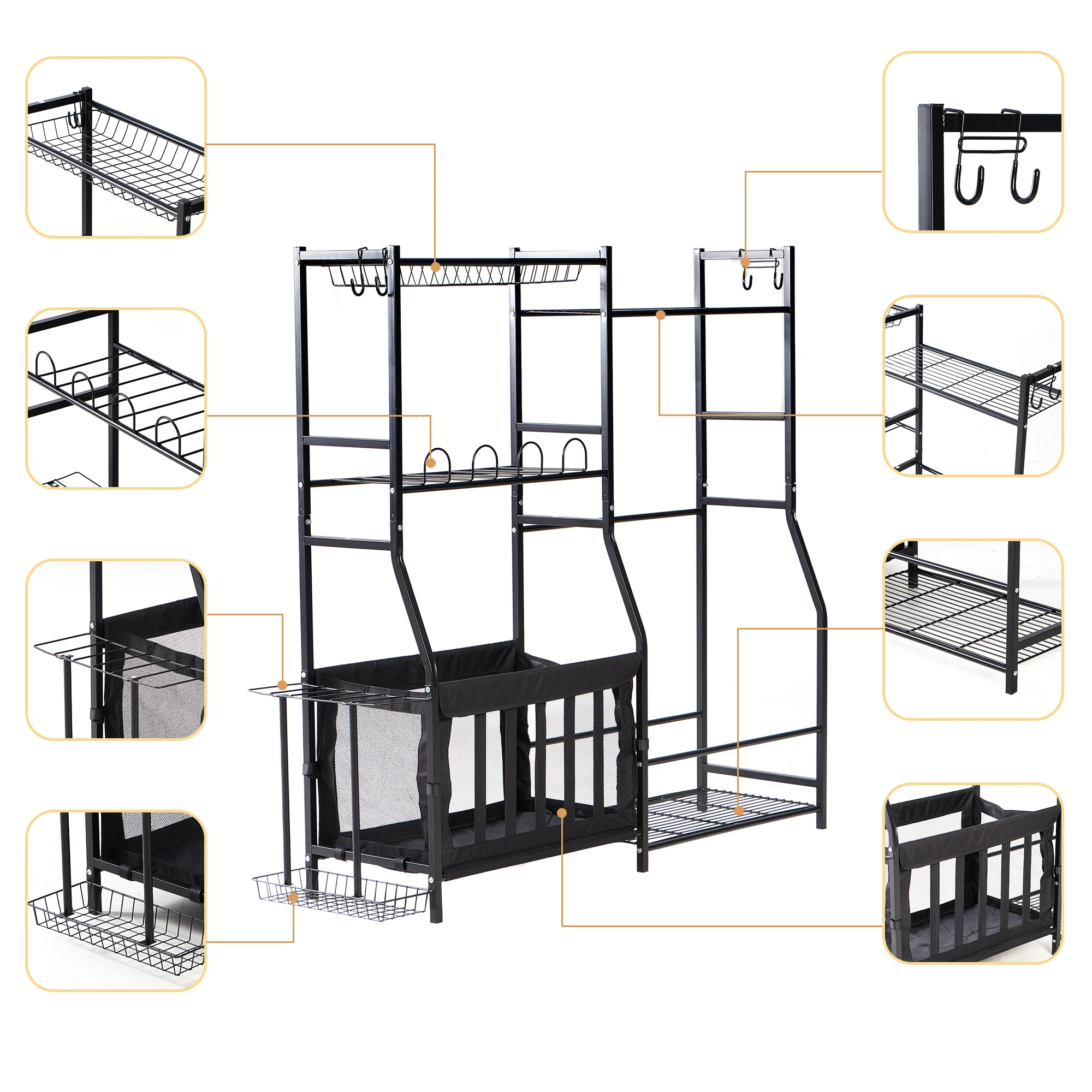 Garage Sports Equipment Storage and Organizer, Storage Rack for 2 Golf Bags with Hooks, Shelves and Elastic Straps, For Tools, S