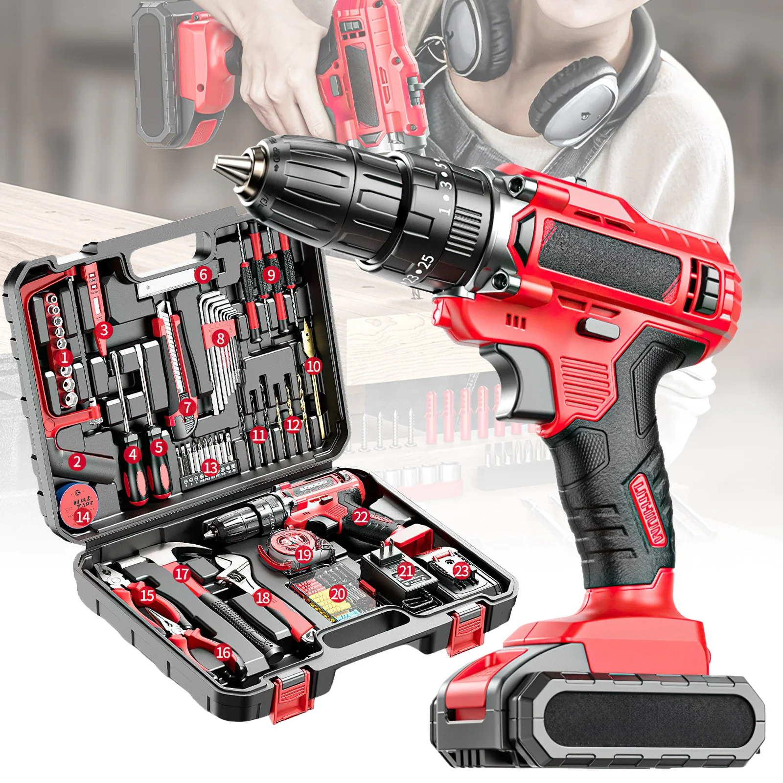 Juego de 117 piezas, potente taladro eléctrico multifuncional, destornillador eléctrico inalámbrico recargable, taladro de impacto de doble velocidad, juego de herramientas eléctricas.