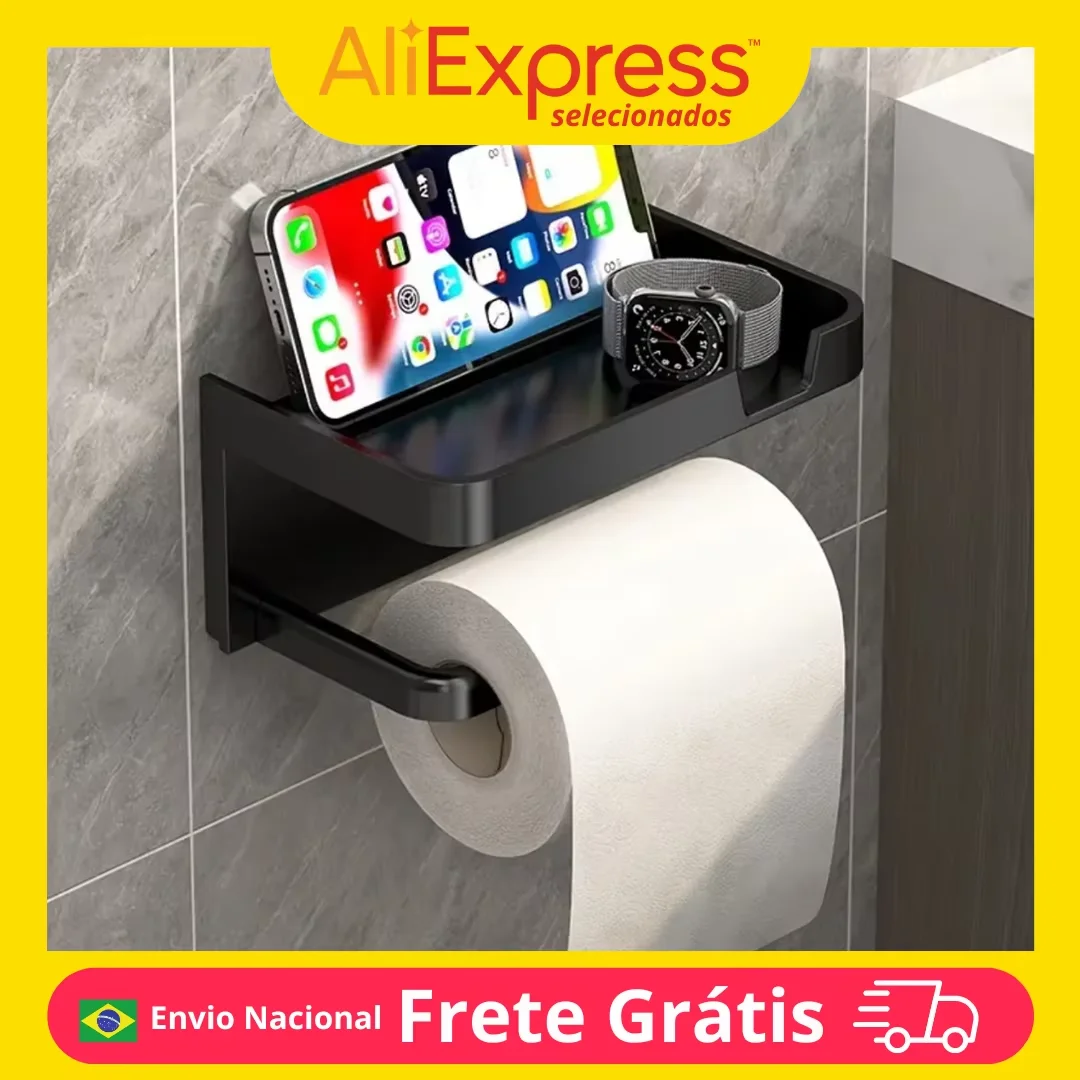 Black Door Holder Toilet Paper Mobile Phone Stationery Practical Aluminum Adhesive Modern Compact Bathroom Easy Installation