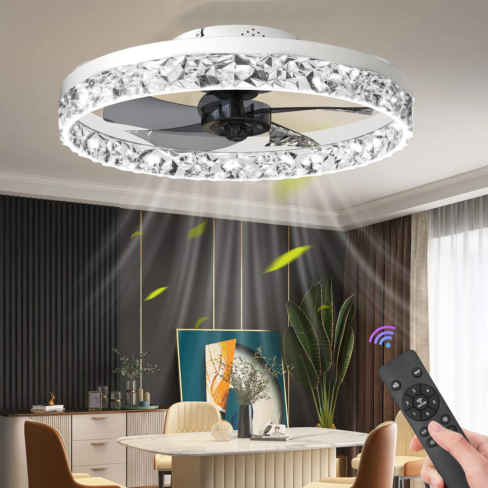 Irlan ceiling fan with light and remote control, 50cm, suitable for living room, bedroom, kitchen, black and white color