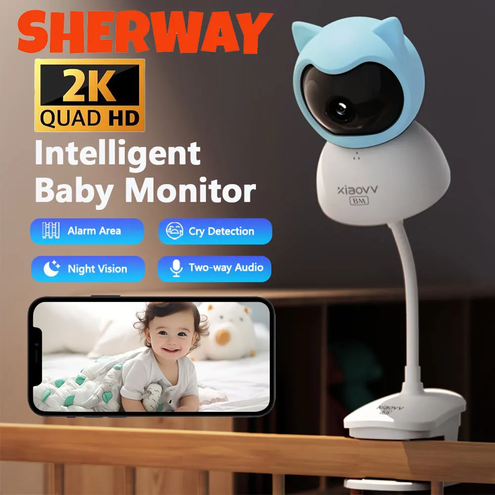 

2K HD WiFi видеоняня с функцией обнаружения плача и PTZ-камерой, аудио, ночным видением, оповещениями о движении/звуке, камера безопасности с держателем