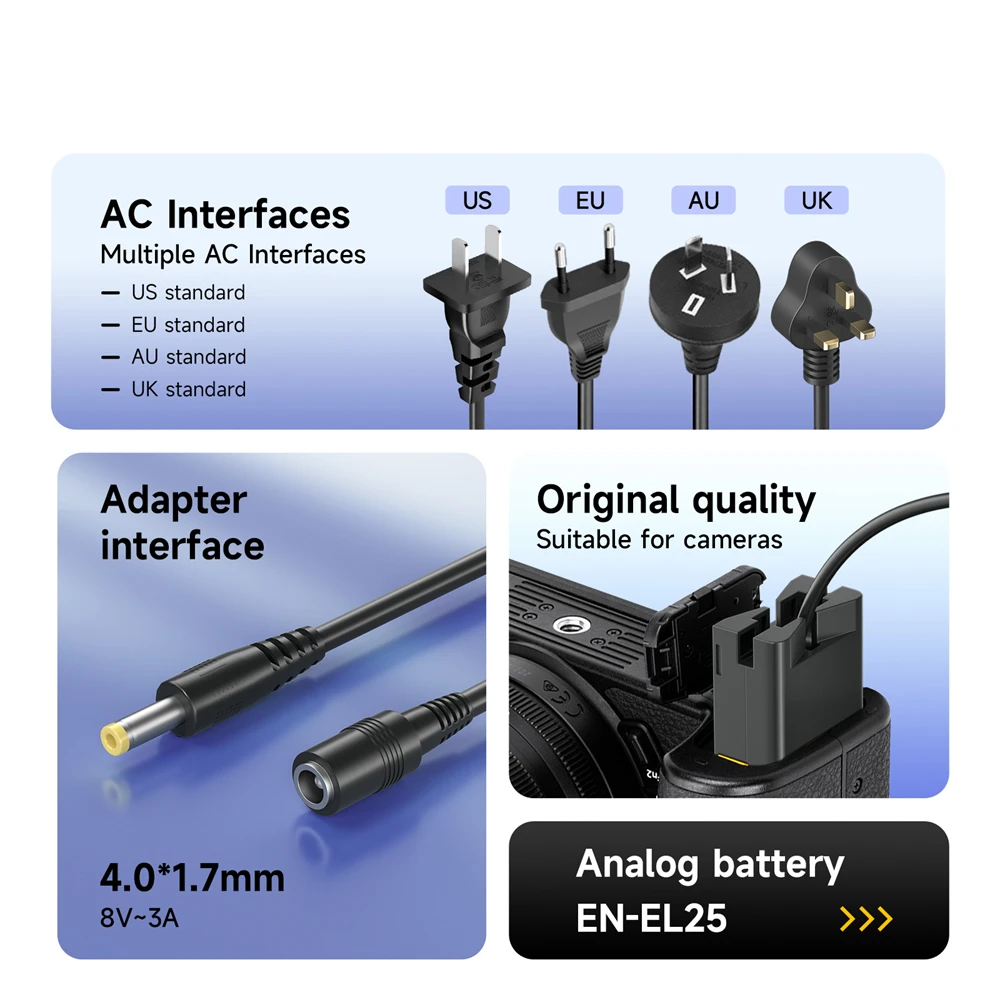 PALO EN-EL25 EN EL25 ENEL25 Dummy Battery AC Power Supply Adapter DC Coupler kit for Nikon ZFC Z50 Z30 Camera