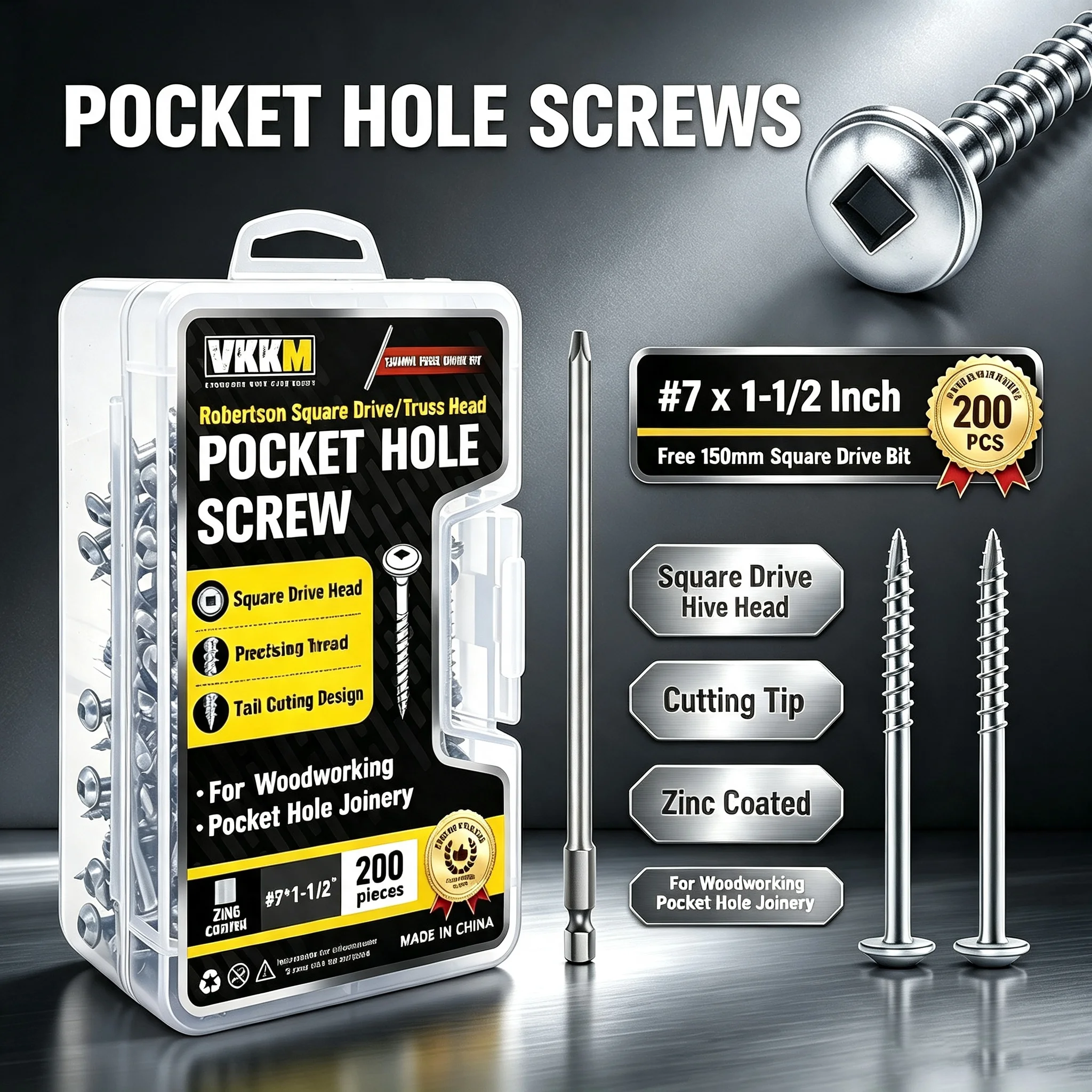 VKKM #7 X 1-1/2 Inch Silver Zinc Coated Pocket Hole Screws, Robertson Square Drive Truss Head Self Tapping Wood Screws, 200 PCS with Free 150mm Square Drive Bit for Woodworking Pocket Hole Joinery