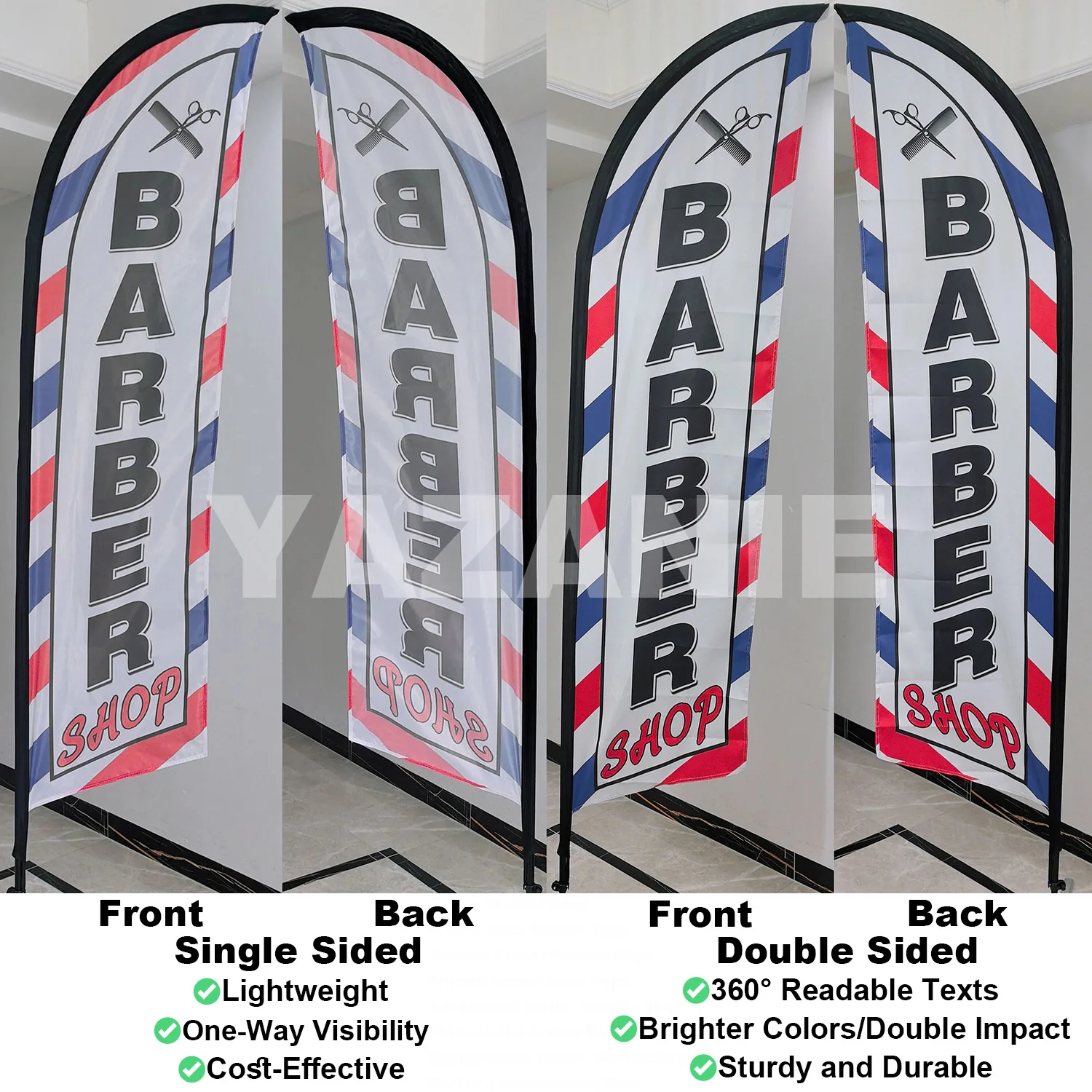 Barber Shop Windlose Feder-Banner-Flagge, einzelne doppelseitige individuelle Swooper-Strandflagge für Salon-Haarschnitt-Werbung im Freien