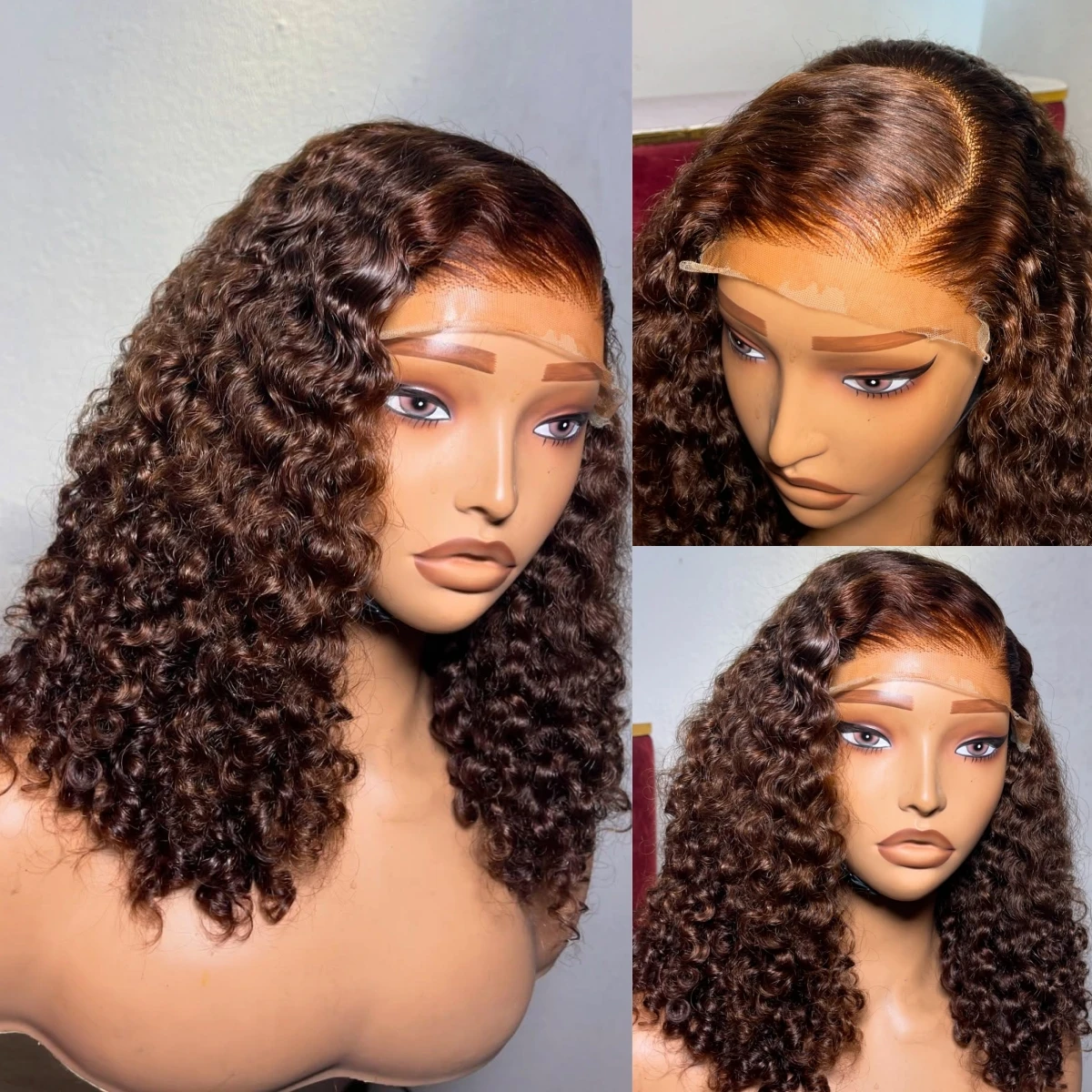 Brown Color Deep Curly Short Bob Wig 200 Density 13x4 Lace Frontal Wigs Brazilian Water Wave Human Hair Wig Preplucked For Women view 3