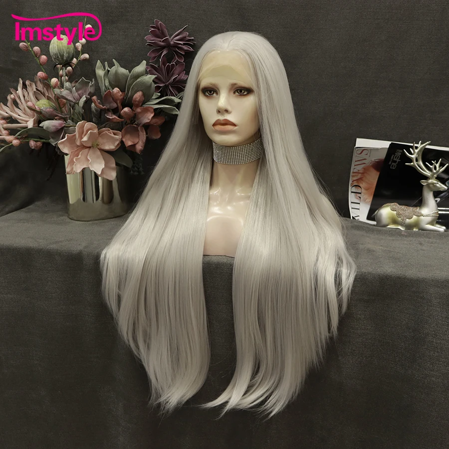 Grey Wig Long Synthetic Lace Front Wig Straight Hair Heat Resistant Fiber Cosplay Wig Synthetic Wig 30 inch