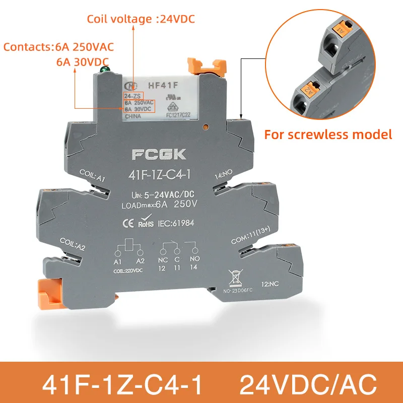 Din Rail Slim Relay Module 41F-1Z-C4-1 Geïntegreerd PCB Mount Power Relay met relaishouder 12VACDC 24VACDC relaisaansluiting 6,2 mm - afbeelding 1