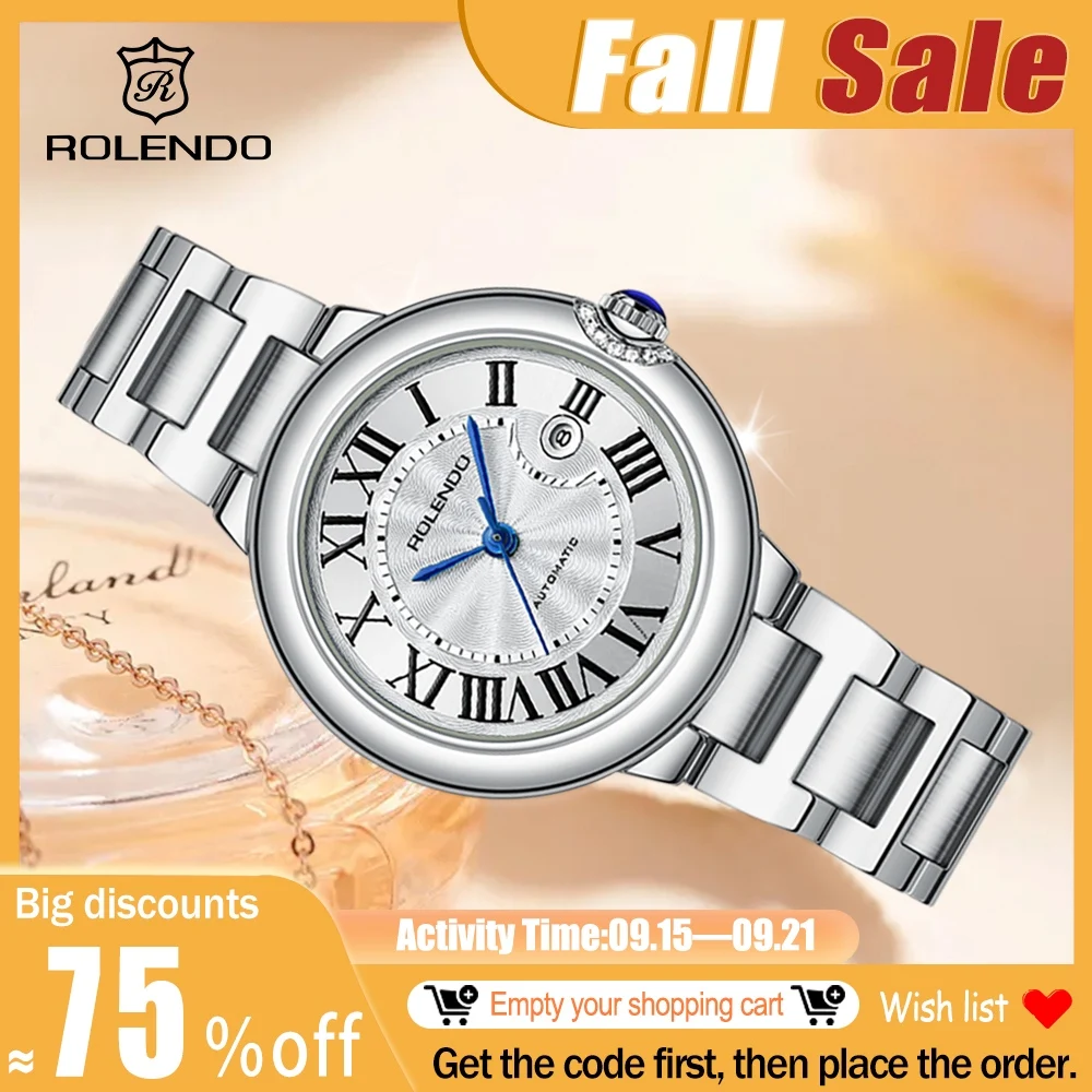 

ROLENDO Blue Balloon Women's Mechanical Watch 33mm Sapphire Glass Silver Stainless Steel Water Resistant 30M Date Display Luxury