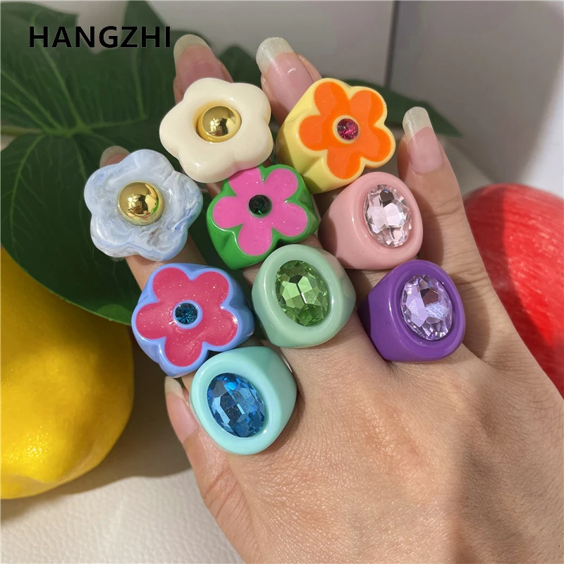 2022 New Sweet Multicolor Resin Oil Drip Ring for Women Geometric Oval Flowers Beads Rhinestones Ring Cute Jewelry HangZhi