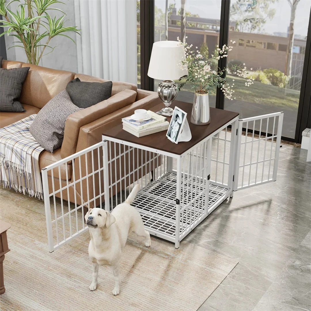 Meubelstijl Hondenkrat Wit Huisdier Kennel Zwarte Kooi Eindtafel Met Drie Deuren En Afneembaar Dienblad, Voor Kleine Middelgrote Grote Honden - afbeelding 2