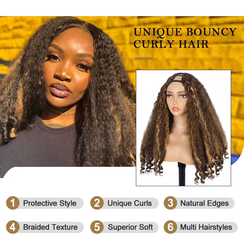 Highlight Afro Curly V Part Wig for Women Ginger Kinky Straight with Curly Ends Glueless No Leave Out Clip Synthetic Half Wigs