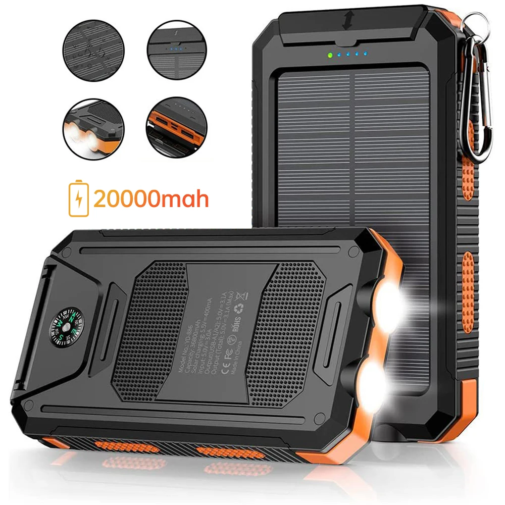 20000mAh المحمولة بنك الطاقة الشمسية التخييم شاحن بطارية خارجي للهواتف المحمولة 2 USB/ مصابيح كاشفة بلمبات LED شاحن