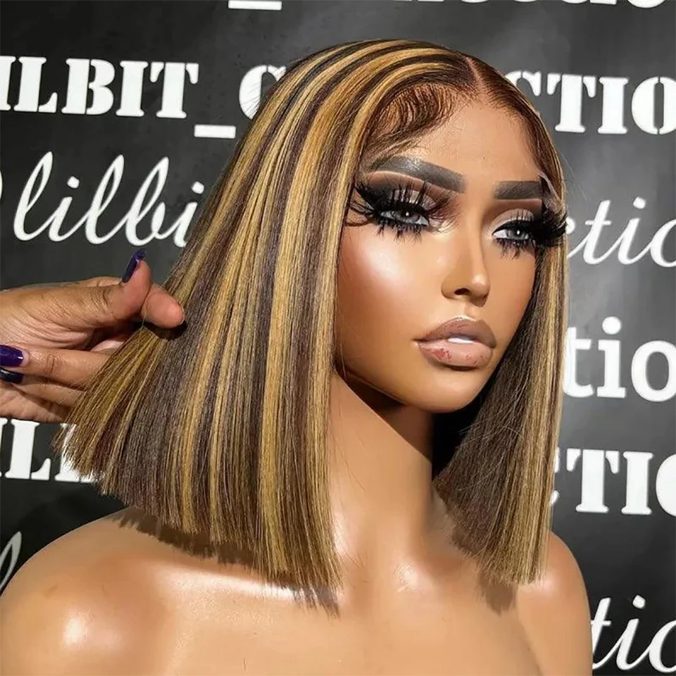 Highlight Bone Straight Bob Wig Brazilian Human Hair 13x4 Lace Front Wig Transparent Lace Frontal Wig 180 Density Brown Blonde