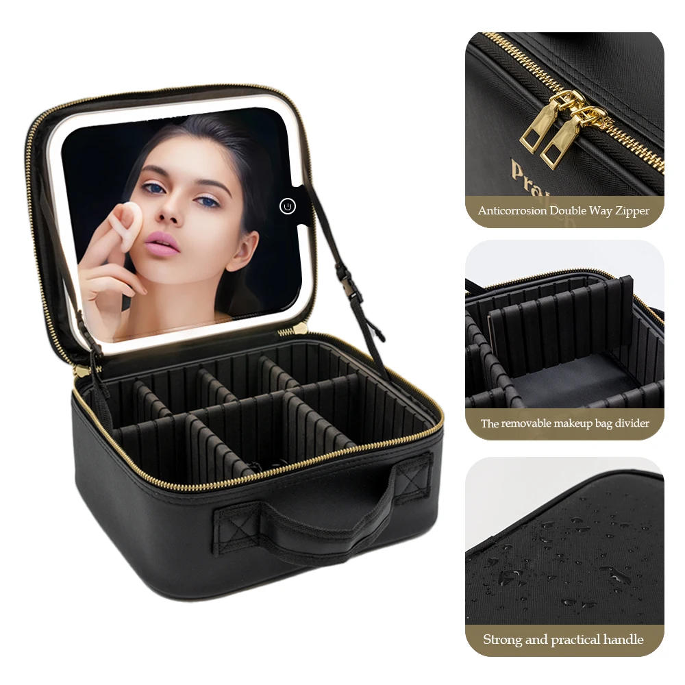 Makeup Bag with LED Mirror, Travel Makeup Organizer, Makeup Case with 3 Color Lighted Setting and Portable Storage and Adjustabl