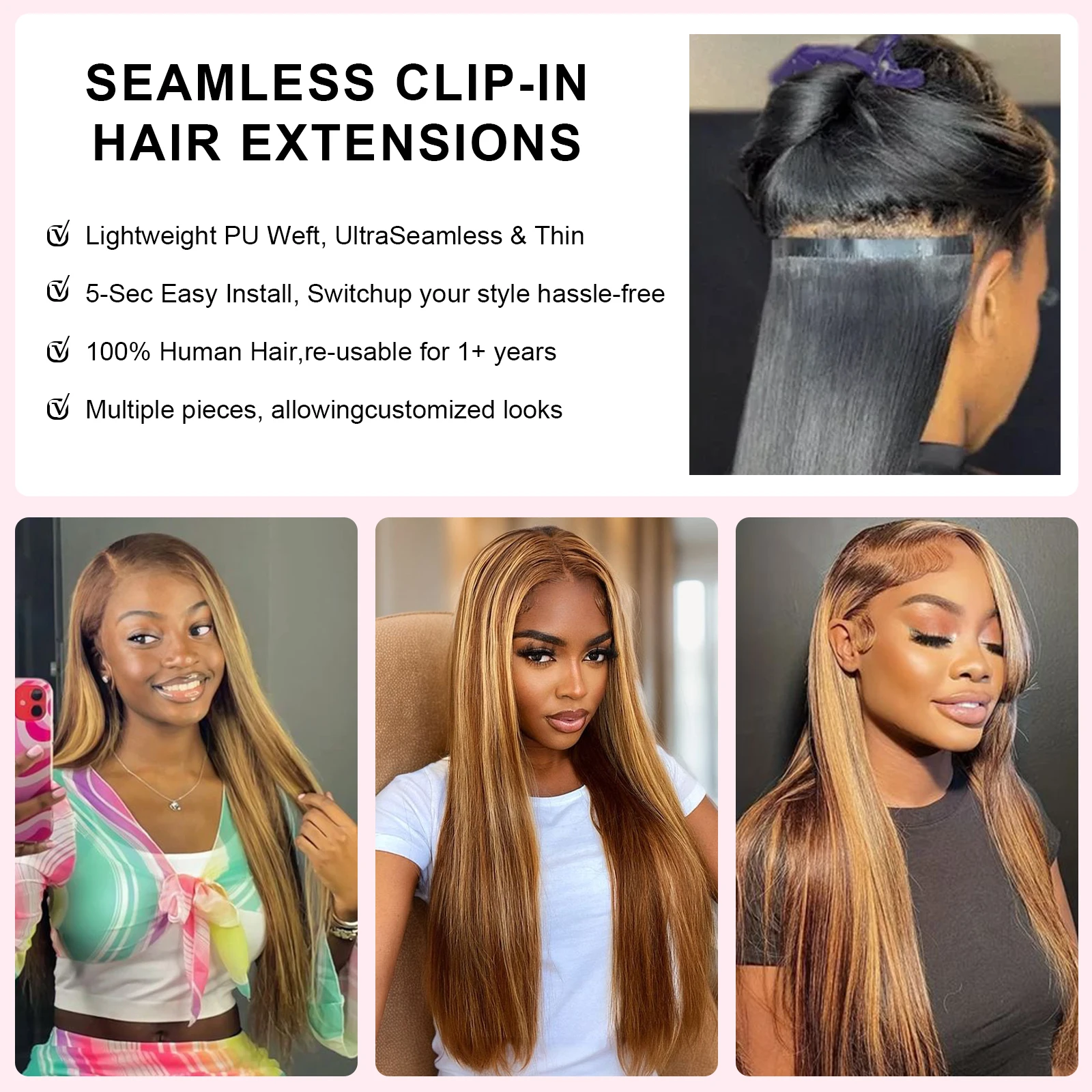 4/27 Evidenzia clip nelle estensioni dei capelli Colore dei capelli umani reali 9 pezzi / set 14-22 pollici Clip brasiliana nelle estensioni dritte