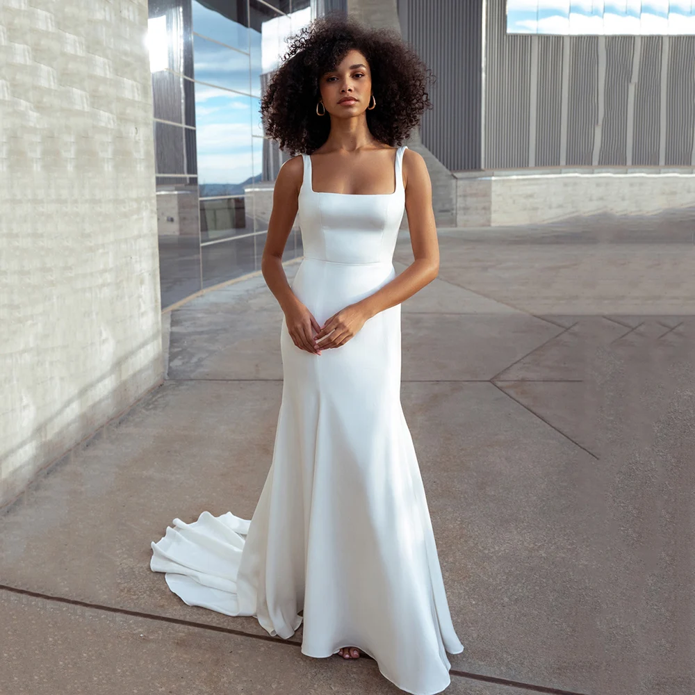 Customized Mermaid Wedding Dresses 2026 Sauqre Neck Backless Buttons Train Civil Bridal Dress Sexy Wedding Party Gown
