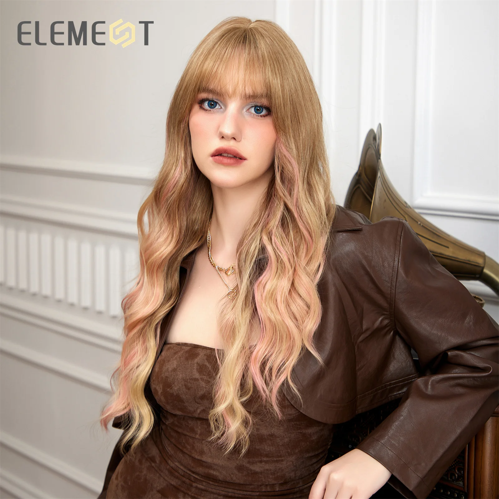 ELEMENT Synthetic Wigs Yellow Blonde Mixed Pink Long Curly Hair Wig with Bangs Cosplay Party Daily for Women and Girls Natural