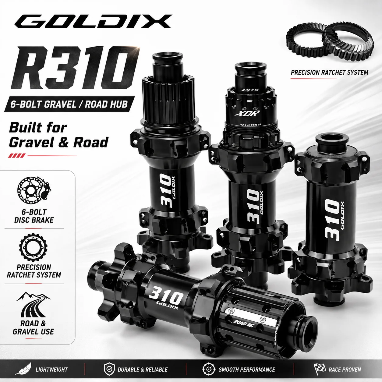 GOLDIX R310 24H Rennradnabe 36T Ratchet 6-Bolzen Scheibenbremse HG XDR 10-12-Gang Leichtgewichtige Vorder- und Hinterradnabe