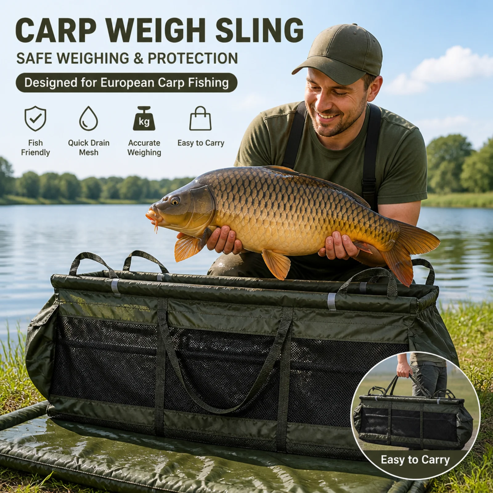 

Foldable Carp Fishing Weigh Sling Waterproof Large Mesh Weighing Bag Wear Resistant Transport Bag for Fishing Tournament