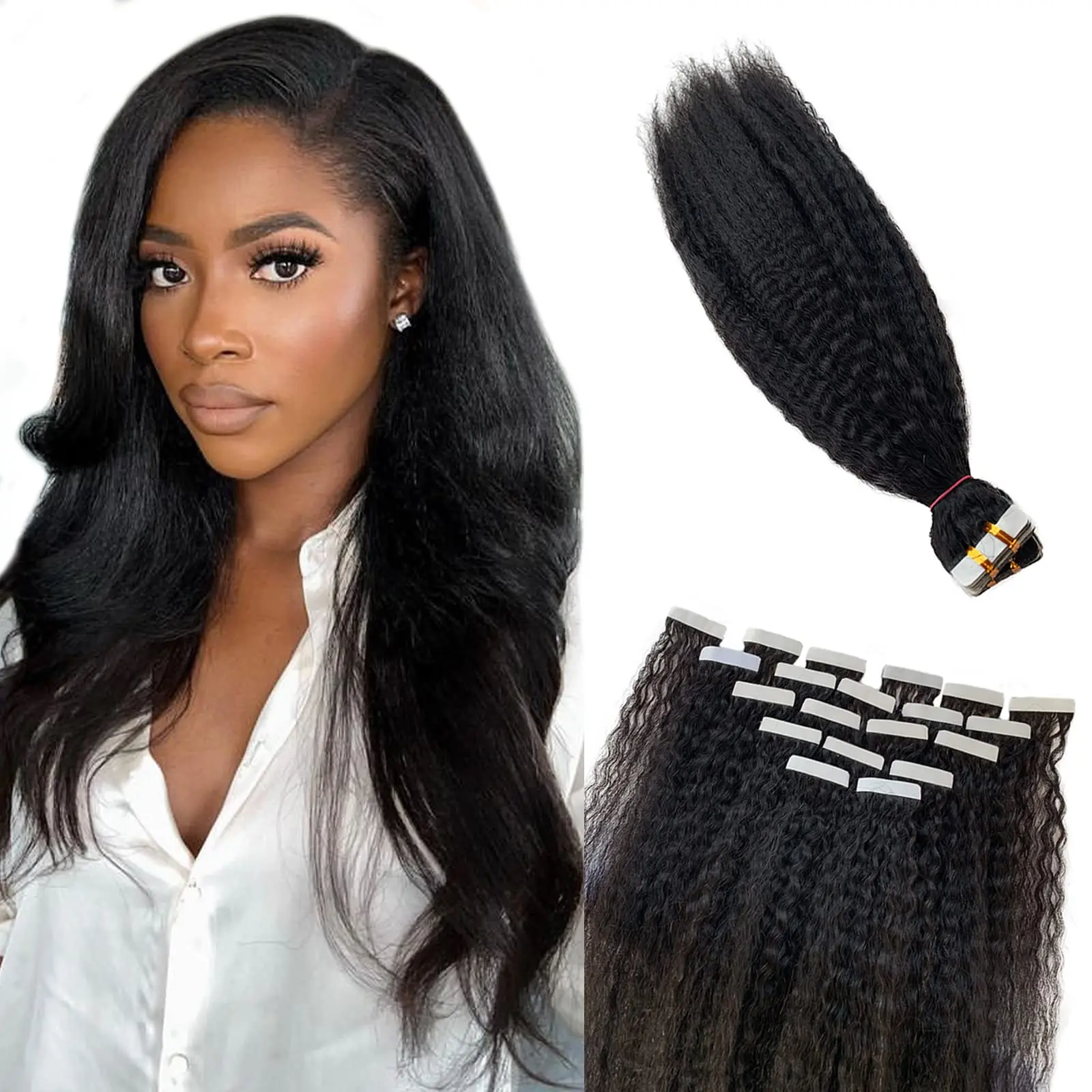 Kinky Straight Tape in Hair Extensions Real Human Hair 22 Inch Natural Black Hair Extension Tape in Human Hair for Black Women