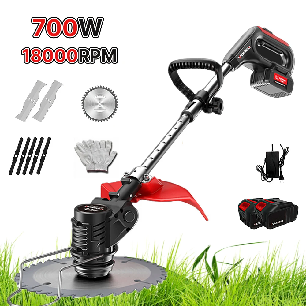 700W Electric Lawn Mower 21V Handheld Cordless Grass Trimmer Length Adjustable Cutter Household Garden Tools With 2pcs Battery