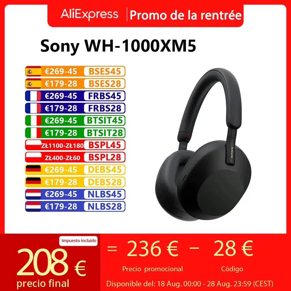 Cuffie Wireless Sony WH-1000XM5 con cancellazione del rumore auricolare Bluetooth Bass Stereo Sound Game cuffie con batteria da 30 ore nere