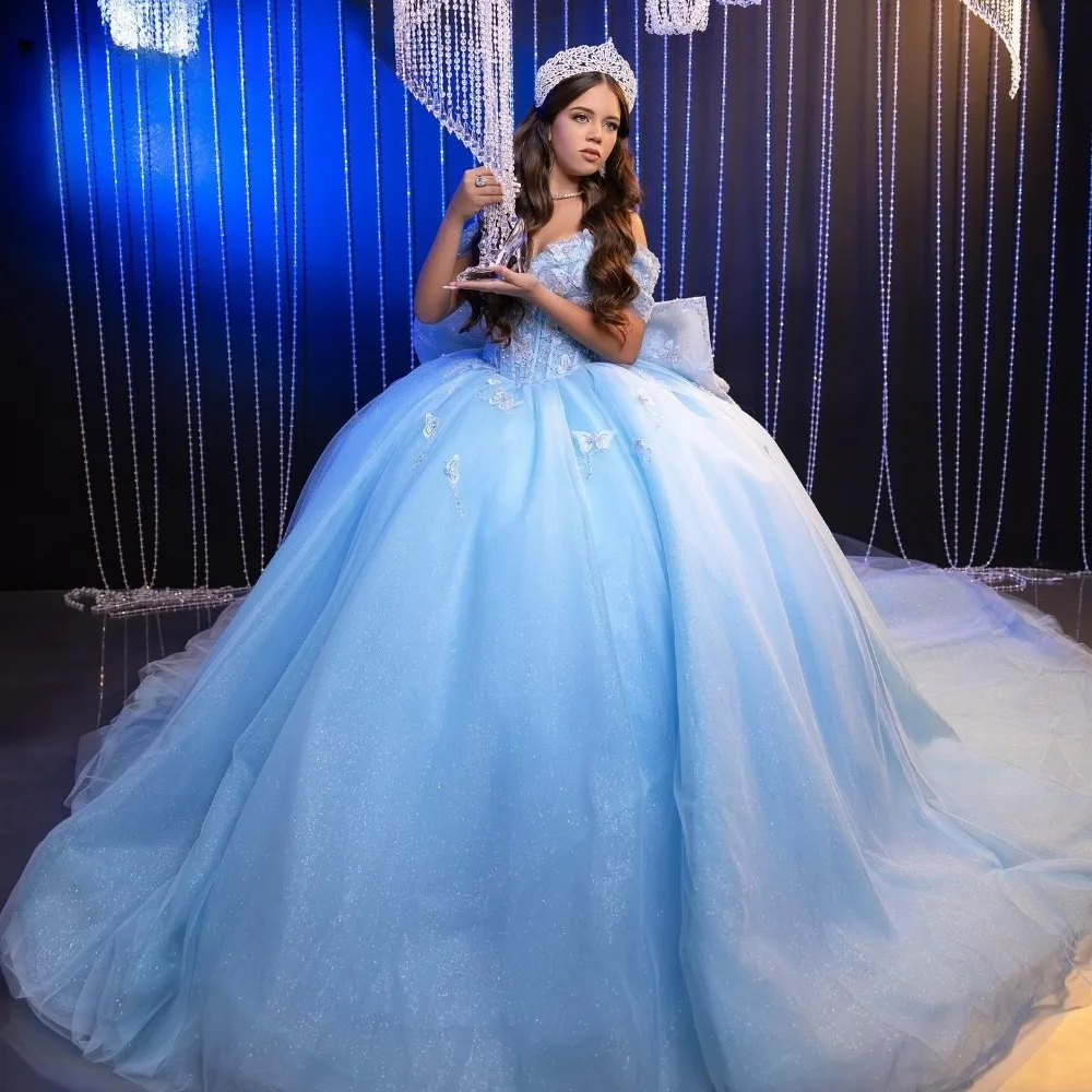 Luxury Sky Blue Quinceanera Dress Off Shoulder Butterfly Applique Beading Bow Formal Ball Gown Sweet 16 Vestido De 15 Anos