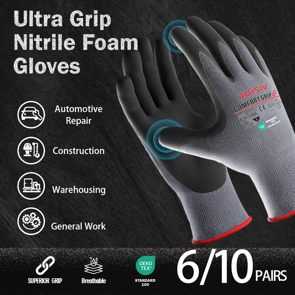 

6/10 пар рабочих перчаток с нитриловым покрытием, сверхпрочные, нескользящие, легкие, прочные, дышащие, для строительства, авторемонта, садоводства