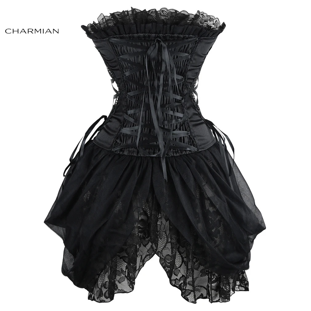 Charmian Burlesque Corset Fantasy Women Sexy Gothic Floral Lace Plus Size Strapless Lace Up Corset with Skirt Bustier Lingerie