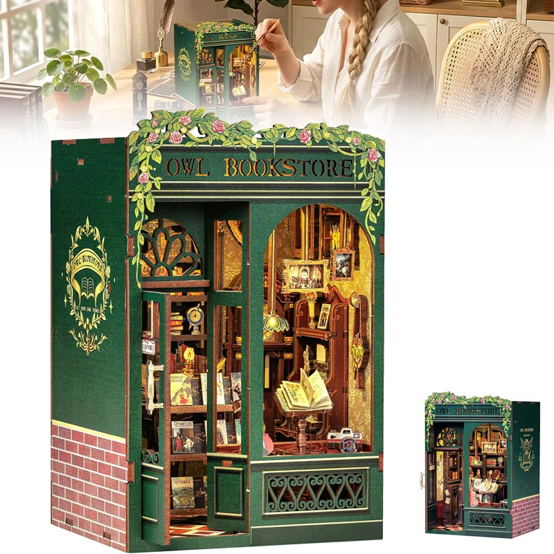 DIY Miniatur-Holzpuppenhaus-Büchernischen-Set 3D Eulen-Buchhandlung Buchstützen-Dekor-Einsatz für Geschenke
