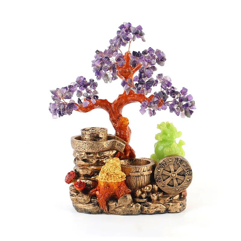 Natural Stone Tree of Life with Pixiu Toad Resin Base Amethyst Aventurine Rose Quartz Money Tree Feng Shui Decor Crystal Gift