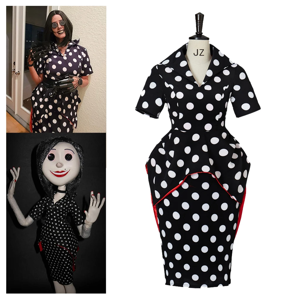 (Em estoque) coraline mãe cosplay traje horror natal mãe cosplay traje fantasma mãe sexy saia bolinhas