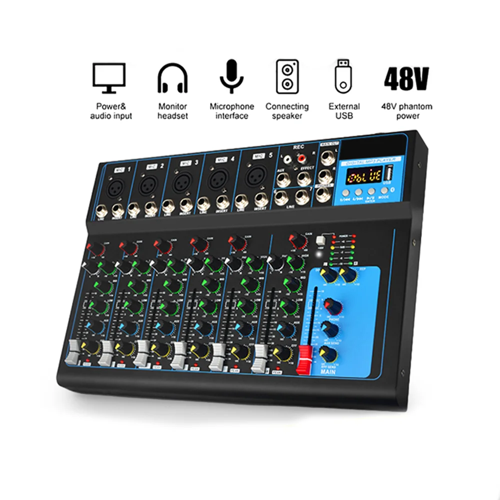

7-Channel Professional Mixer with 99Dsp Reverb Effects, Bluetooth, Usb, Mp3, 48V Phantom Power, Live Broadcast Stage Recording Mixer