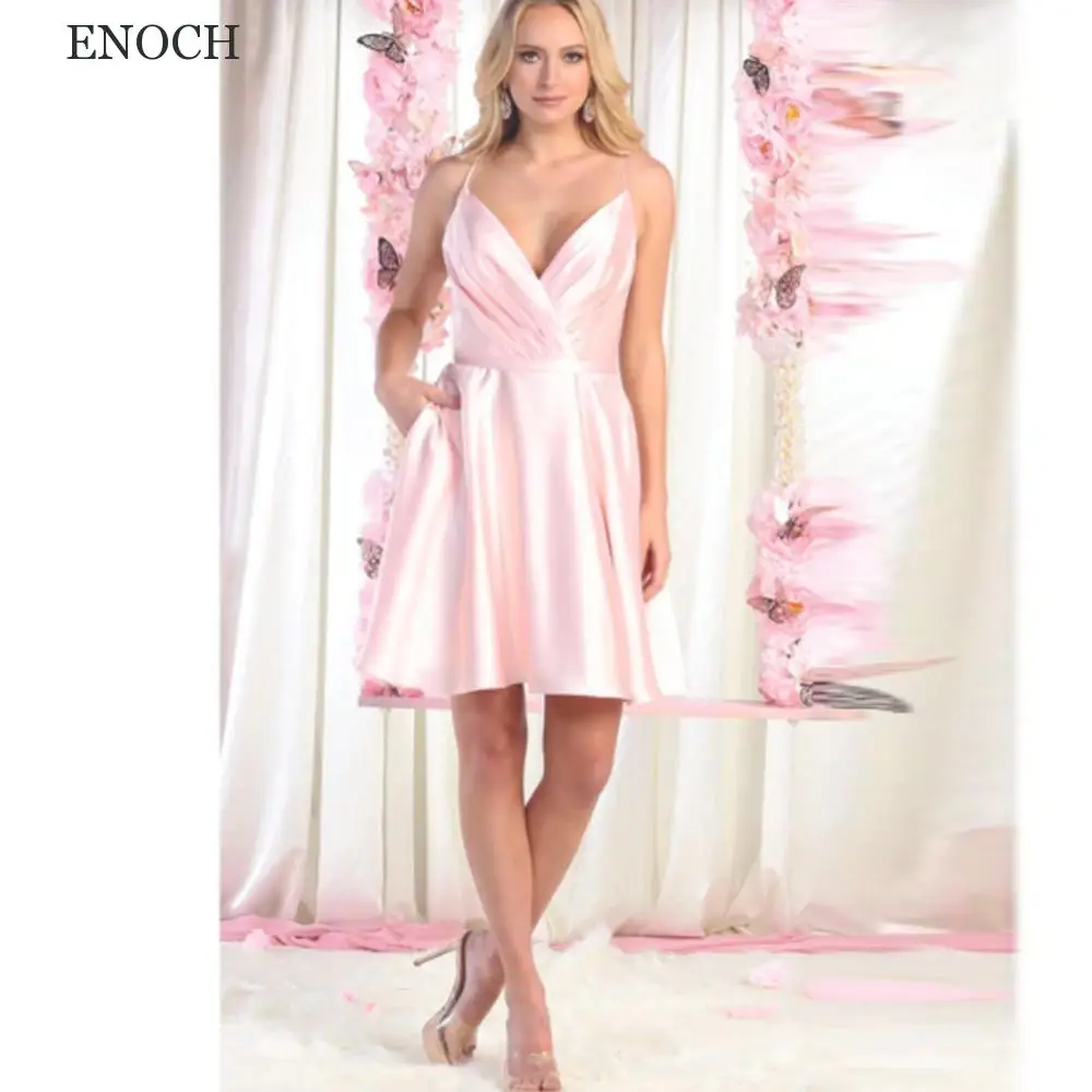 

ENOCH Mini V-Neck Sleeveless Bridesmaid Dresses 2023 Modern Satin Open Back Party Dresses Custom Made Vestidos De Fiesta Lace Up