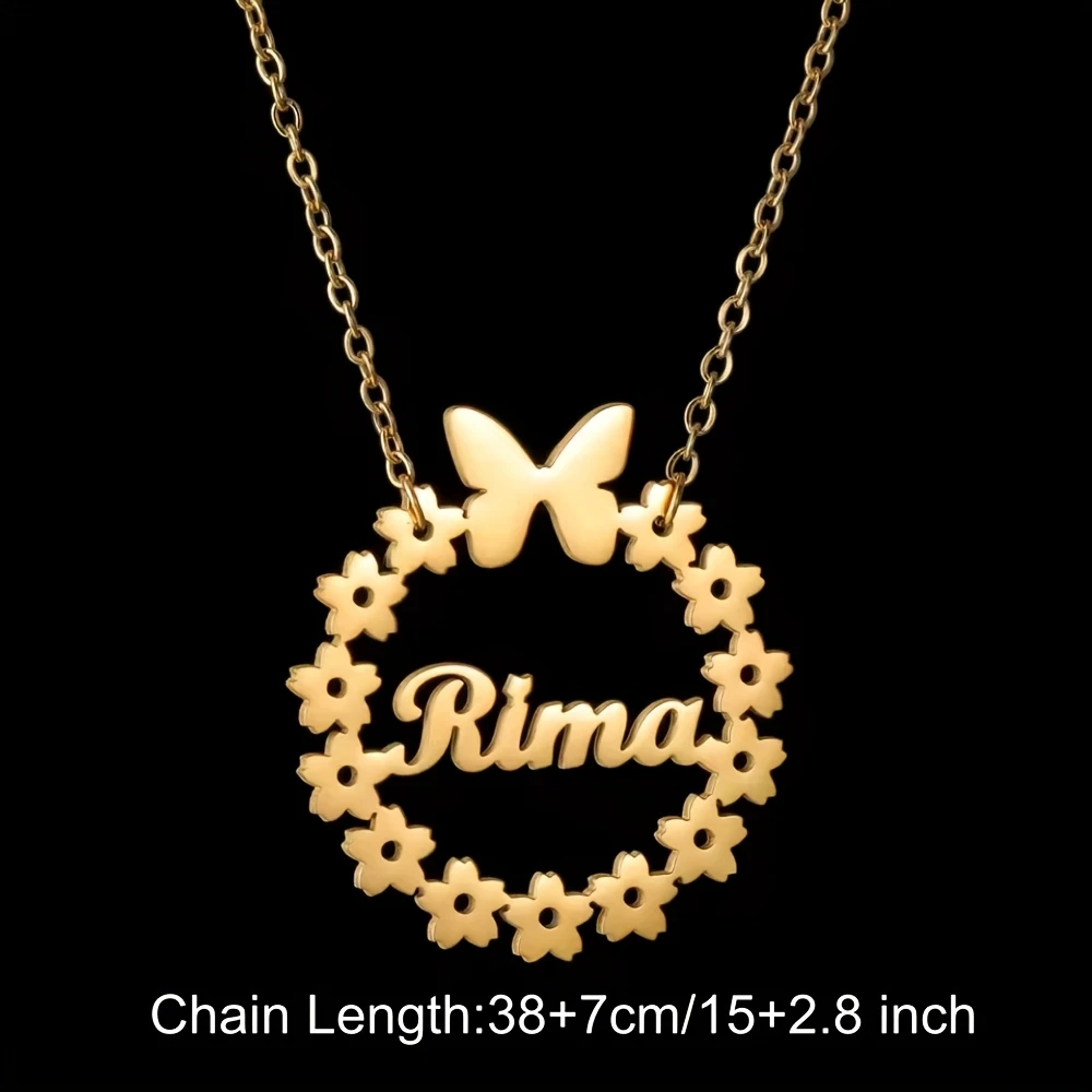 Custom Floral Wreath Butterfly Name Necklace Stainless Steel Personalized Nameplate Jewelry Gift for Her Birthday Holiday