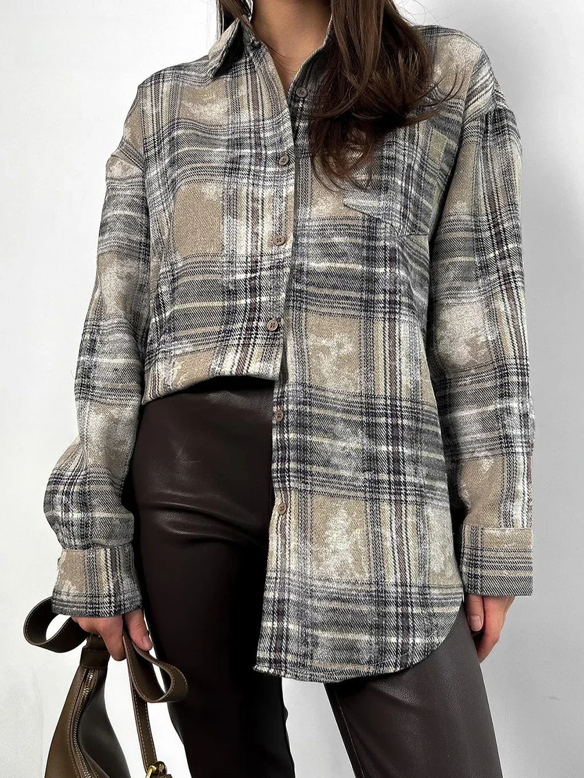 Schlagkraft Mode Distressed Plaid Shirts Blusen Frauen Herbst grau Büro Dame lose Hemden lässig