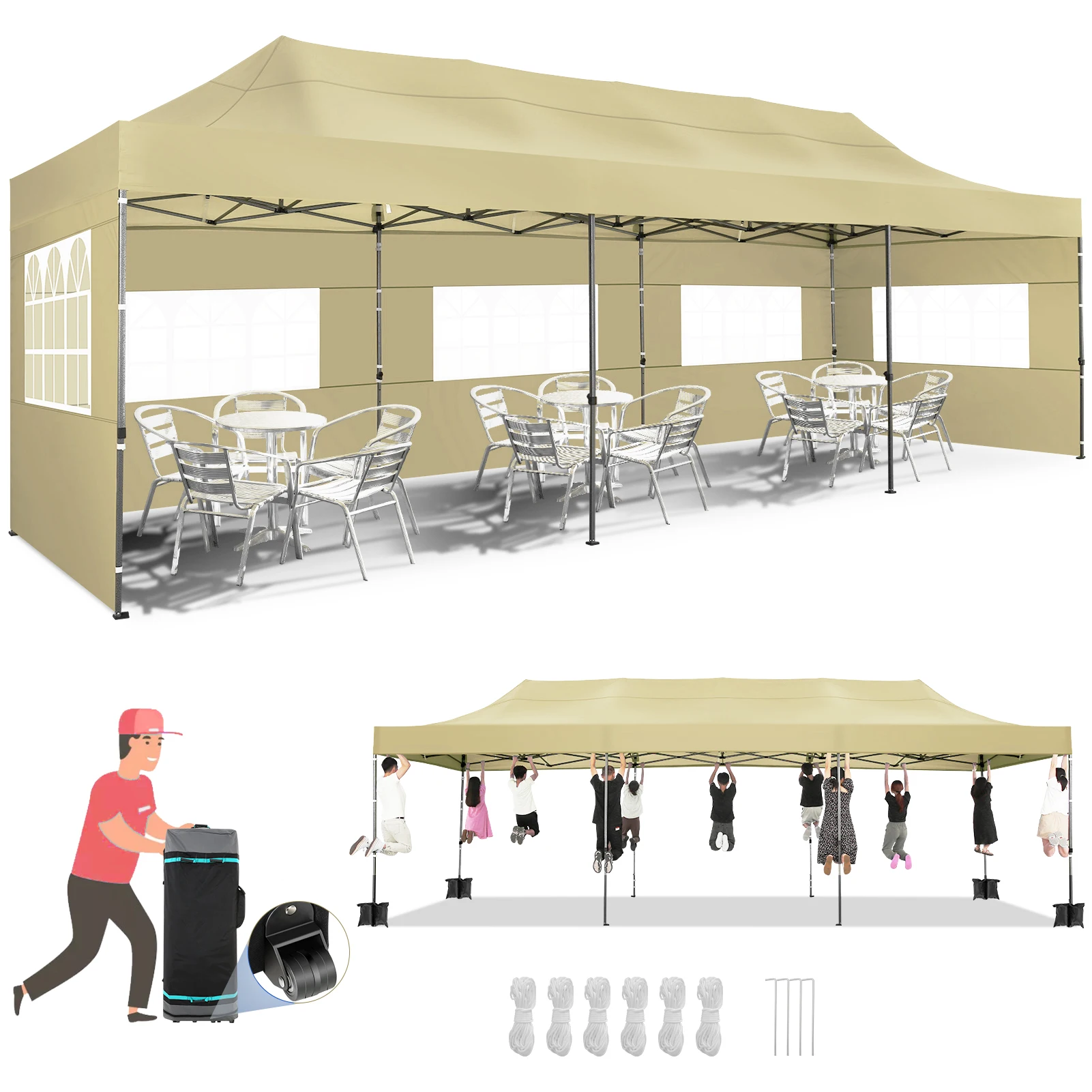 10x30FT Heavy Duty Pop Up Canopy Tent with 8 Sidewalls Thicken Frame, Commercial Easy Up Outdoor Wedding Party Tents, All Season Waterproof Windproof with Stakes Sandbags Ropes Roller Bag, Snow
