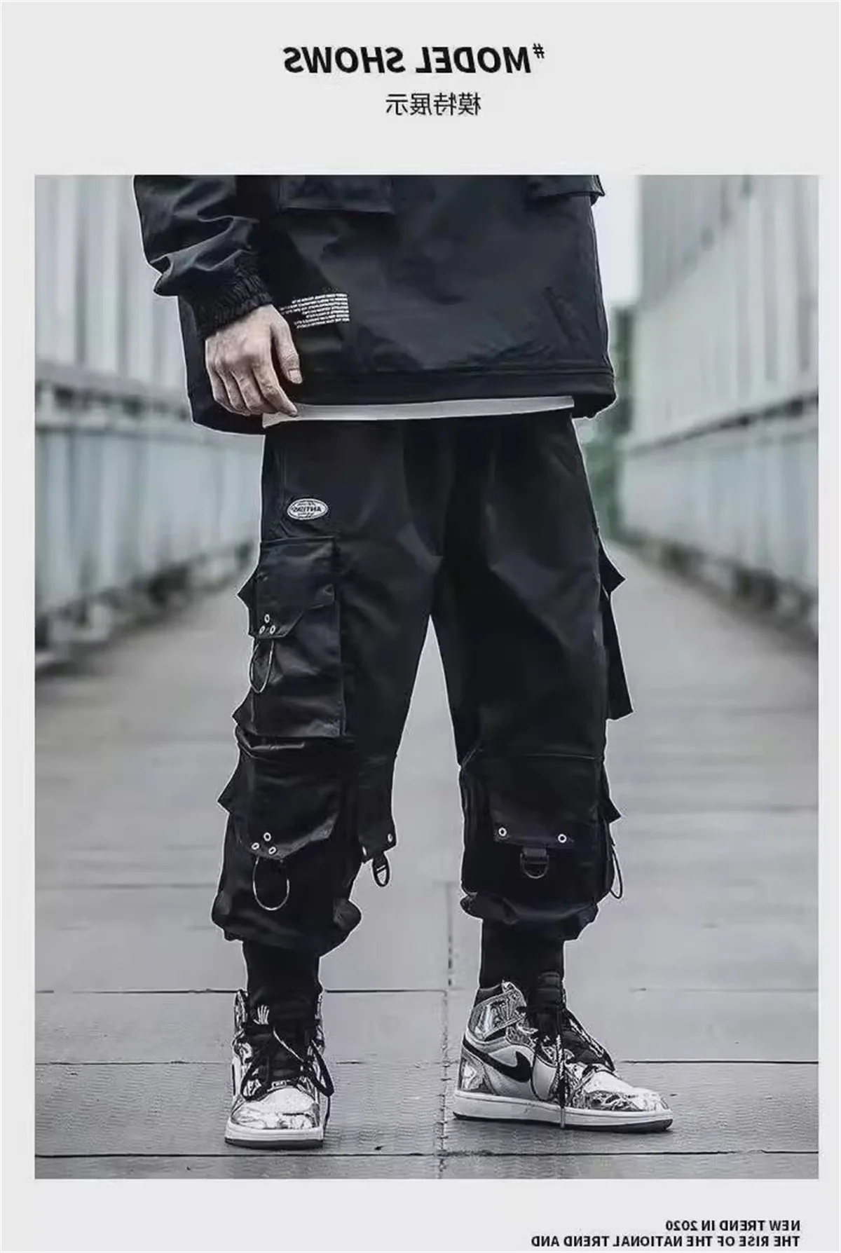 Funktionale Cargohose mit großen Taschen für Herren, Harajuku, lockerer Hip-Hop-Stil, trendige, elastische, knöchellange Freizeithose, moderne Streetwear – Detail 1
