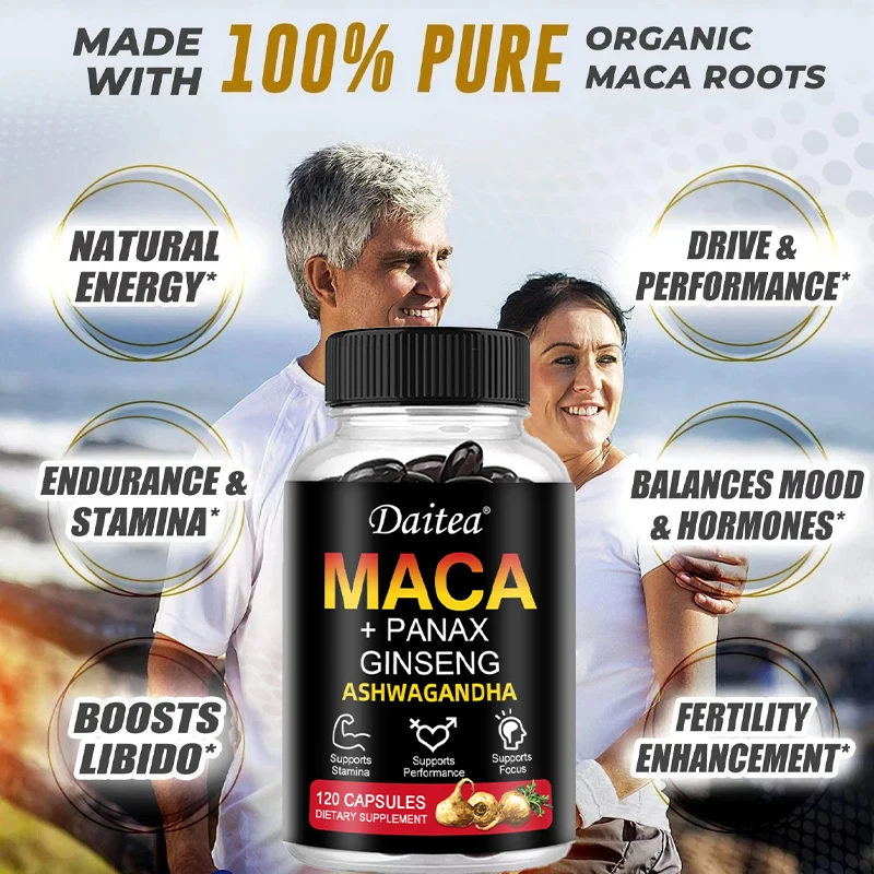 Maca Root Cápsulas com Extrato de Ginseng Vermelho, Suporta Energia, Resistência e Desempenho, Maca Negra