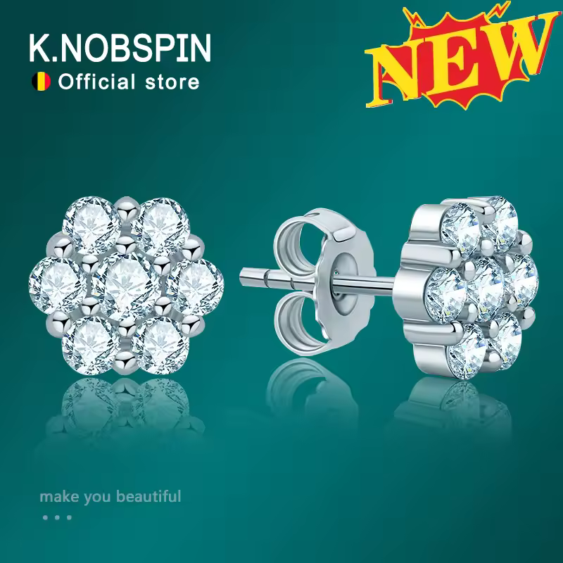 עגילי KNOBSPIN Moissanite Stud עגילי כסף סטרלינג מצופים זהב לבן 18 קראט D VVS1 עגולים ביהלום מעבדה לנשים וגברים