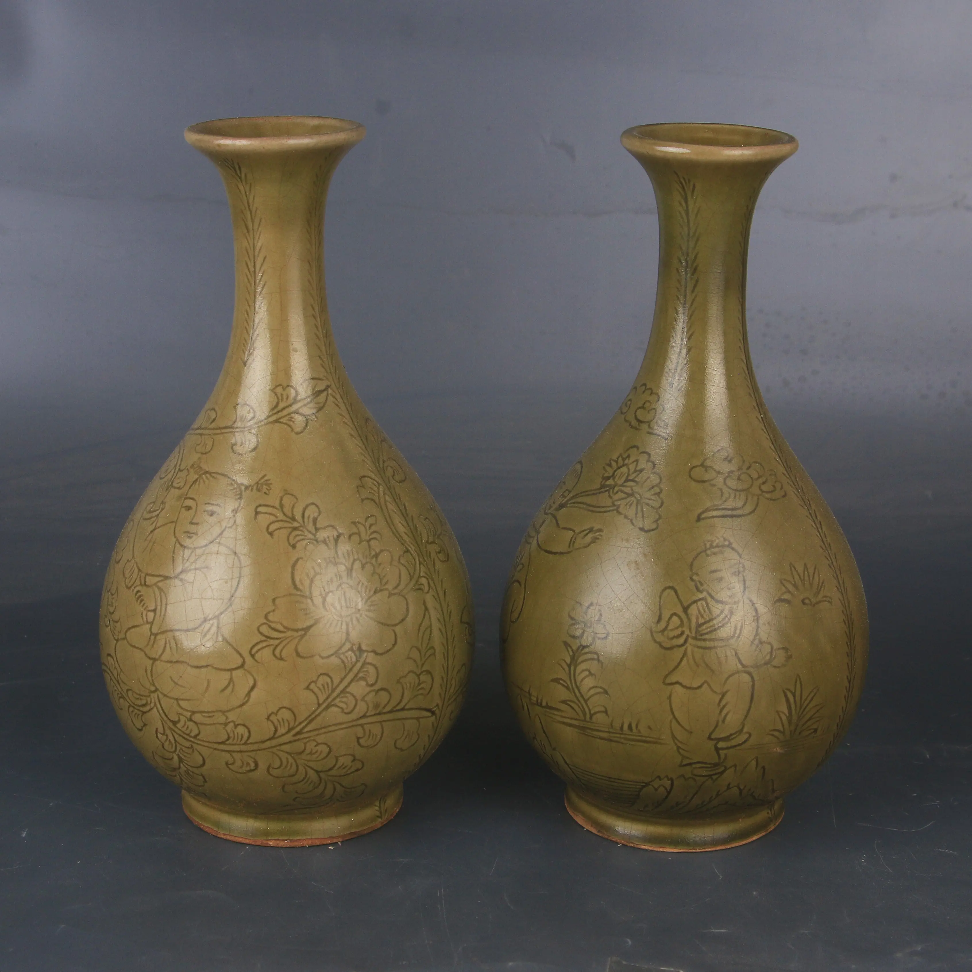 Song Dynasty Style Yue Kiln Incised Figures Intertwined Vines Yuhuchun Vase Antique Ceramic Home Decor Collectible Ornament
