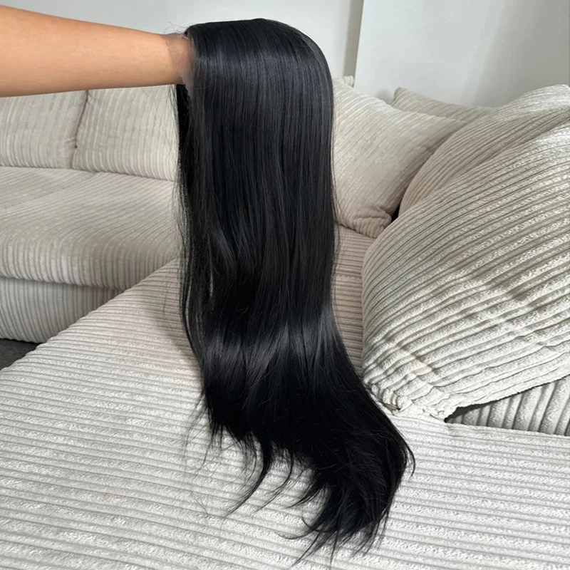 28inches Natural Black Long Straight Hair Lace Front Wig Heat Friendly Synthetic Hair Wig for Women Pre Plucked Natural Looking