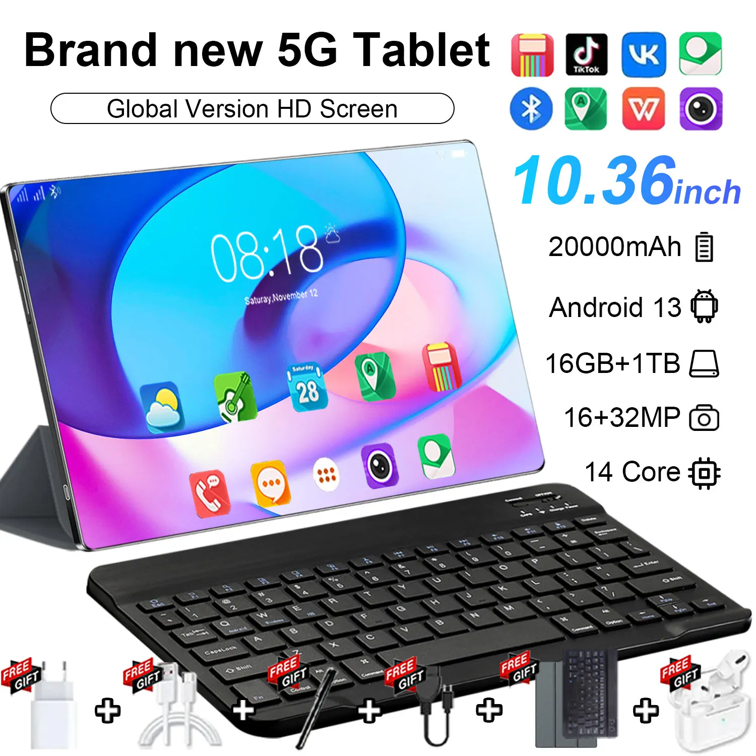 Version mondiale10.36 pouces nouvelle tablette 5G Android 16GB RAM 1TB ROM 20000mAh 14core Android 13.0 double carte Sim double caméra 16MP 32MP réseau WiFi Bluetooth type-c PC GPS WPS