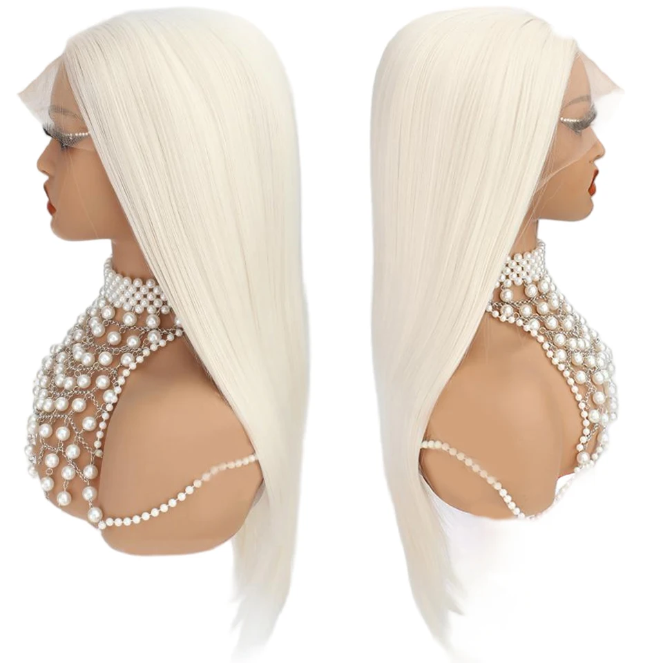 Wig Depan Renda Sintetis Lurus 26 Inci 13X4 Putih Wig Renda Swiss Transparan Wig Frontal Renda Lurus Wig Cosplay 260 Gram