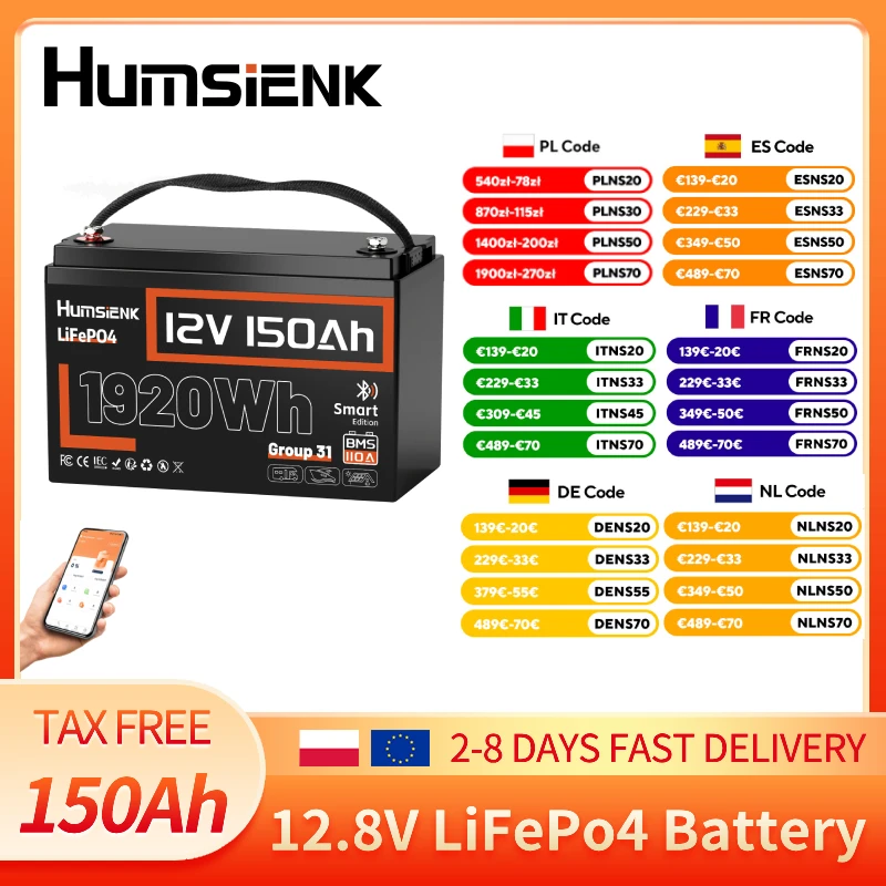 Humsienk Bluetooth 12V 150Ah Lithium LiFePO4 Deep-Cycle-Batterie Wiederaufladbare Lithium-Eisenphosphat-Batterie für Solar, Wohnmobile, Marine, Camping, netzunabhängige Anwendungen mit 110A BMS &