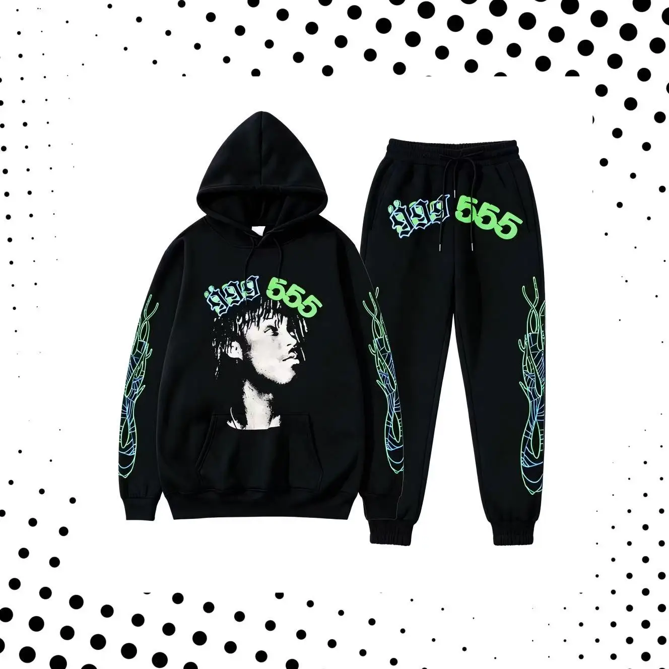 Oversized Streetwear Two‑Piece Matching Tracksuit, Gothic Graphic Pullover Hoodie + Elastic Cuff Jogger Pants, Casual Hip‑Hop Sweat Outfit for Men Women