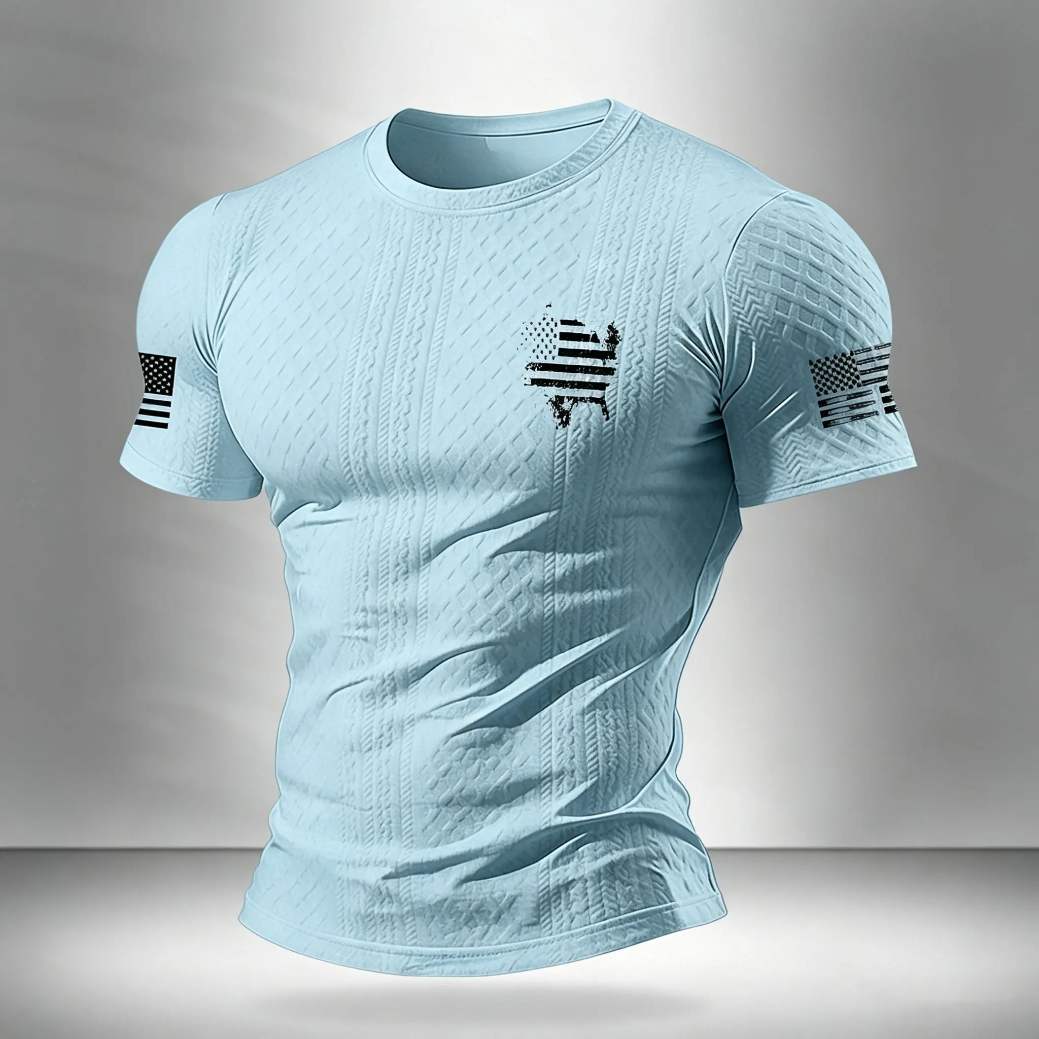 Herren Kompressions-T-Shirt mit Strukturierter Amerikanischer Flaggenkarte, Schnelltrocknend Kurzarm Taktisches Fitness-Sport-Unterhemd – Detail 4
