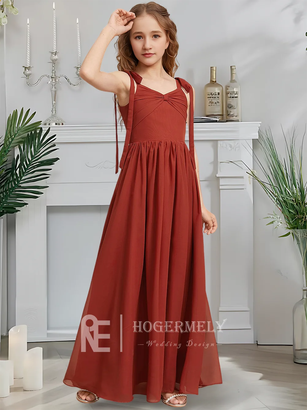 Дизайнерское платье трапециевидной формы для юных подружек невесты, платье с цветочным узором для девочек, с v-образным вырезом, длиной до пола, из шифона, для сада, гала-вечеринки