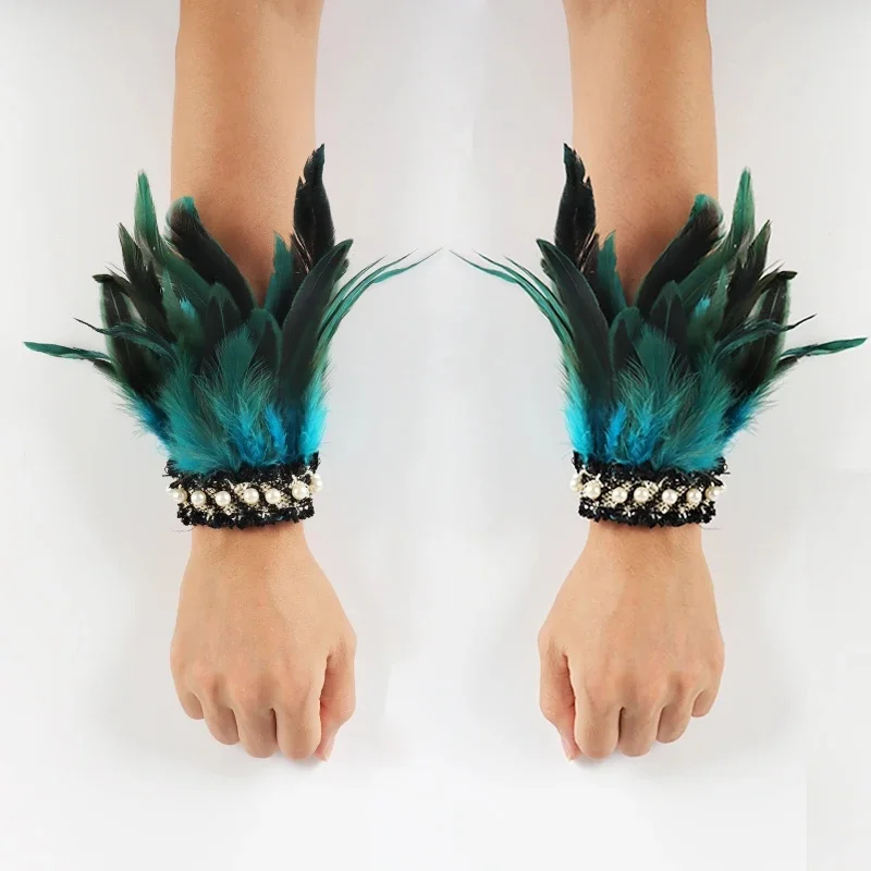 Manchettes gothiques en plumes de coq, chauffe-bras en plumes teintes naturelles, accessoires de spectacle sur scène pour fête Cosplay d'halloween Rave
