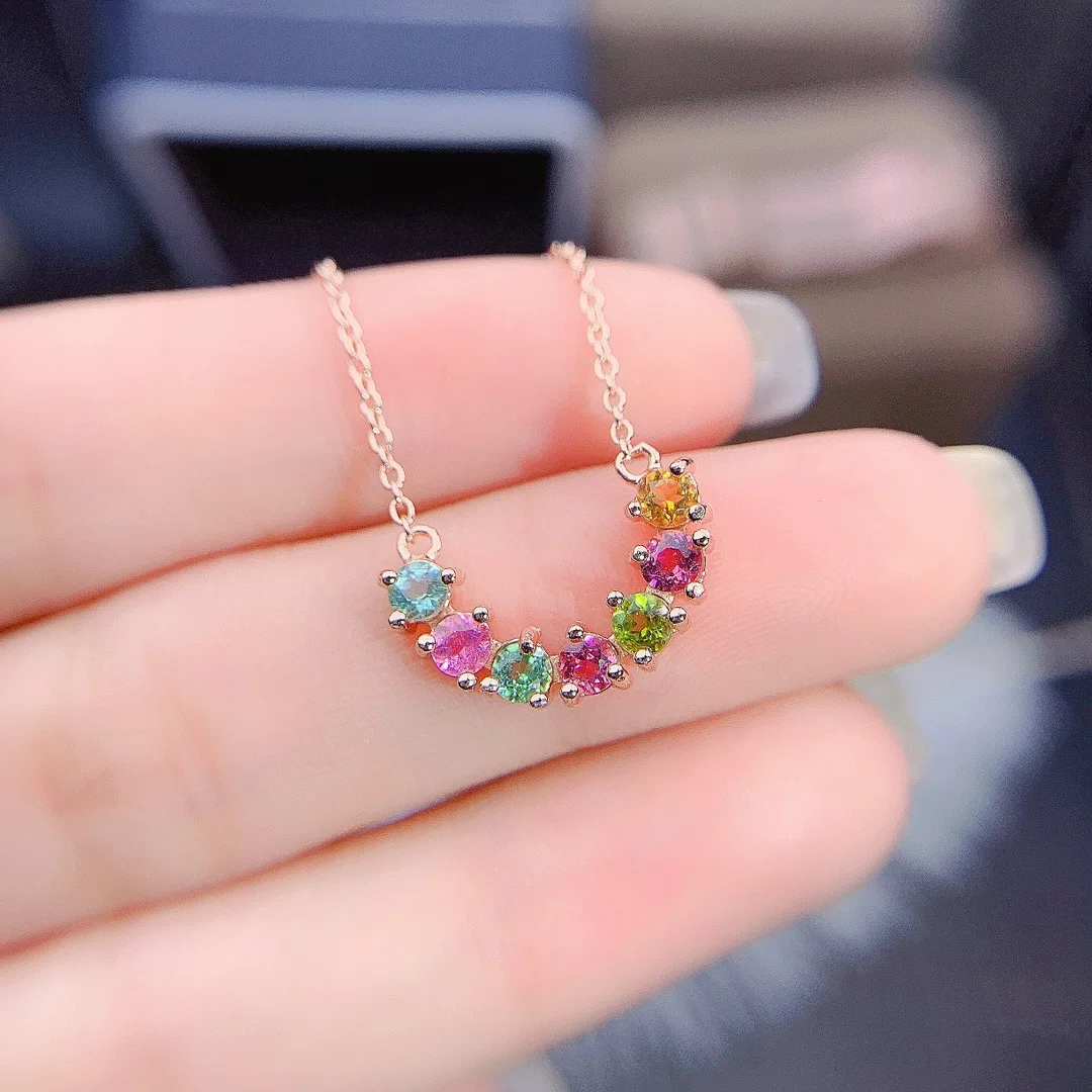 

KJJEAXCMY girls' pure natural 3x3mm colored tourmaline necklace pendant 925 sterling silver electroplated rose gold Christmas